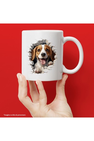 INOVATIX Personalized white mug, a curious puppy looking through a broken wal...