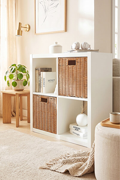 Ocean Home Textile 2'li Yıkanabilir Bej PP Rattan Dolap İçi Çamaşır Çocuk Odası Oyuncak Düzenleyici Saklama Sepeti Organizer 33x33x33