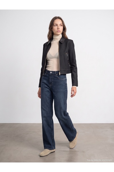 Dilvin 60826 Deri Detaylı Crop Ceket