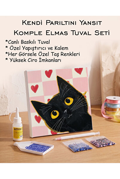 Toptan Elmas Mozaik Tuval Seti - Kalpli Siyah Kedi