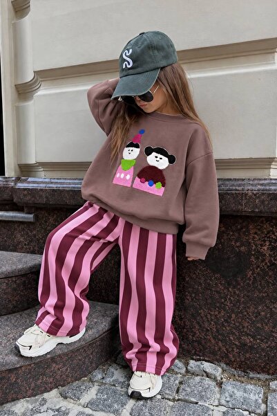 Monila Kız Çocuk Pamuklu Süzene Çocuk Nakışlı Kahverengi Sweatshirt ve Pembe ...