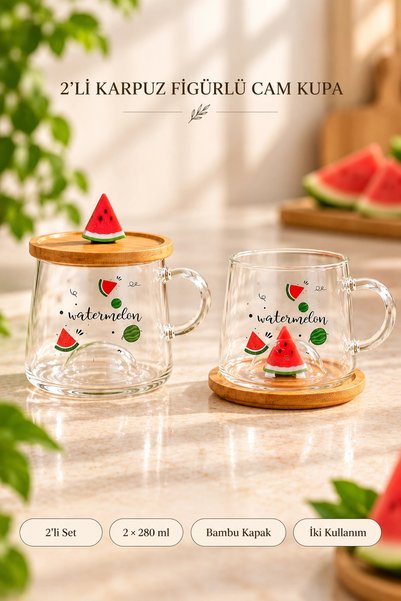 Tilbe Home 2li Bambu Kapaklı Karpuz Meyve Figürlü Cam Bardak Baskılı Meşrubat...