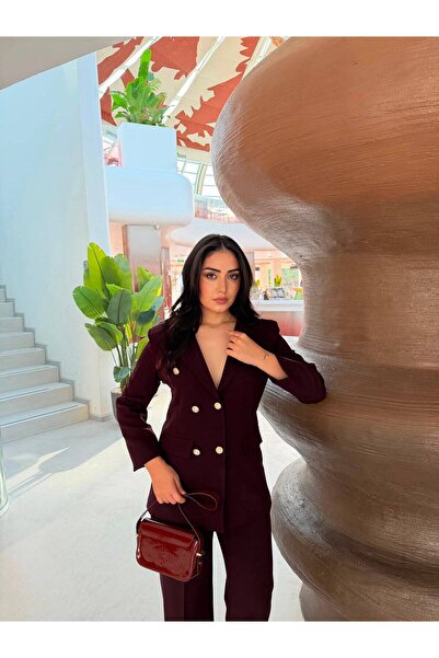 ELYOS STYLE GOLD DÜĞME DETAYLI BLAZER ASTARLI CEKETLİ ESNEK KUMAŞLI PANTOLONLU ŞIK KADIN TAKIM MEZUNİYET DÜĞÜN BALO VB