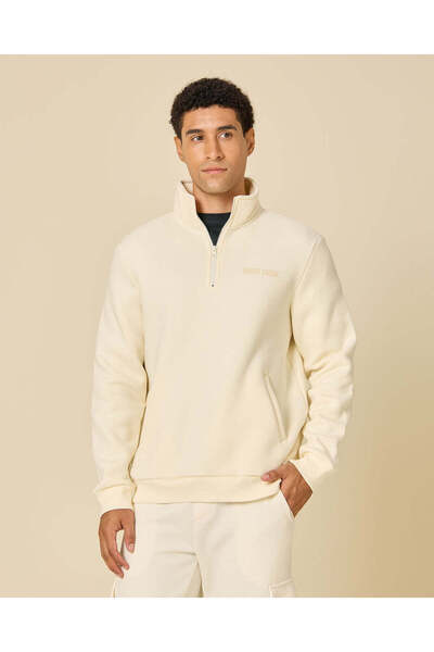REDTAG Men Ivory Quarter-Zip Sweatshirt