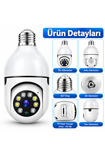 ULTRATEKNO Yoosee APP 360° WiFi Ampul Kamera 1080P E27 Duy Gece Görüşlü Hareket Sensörlü Çift Yönlü Ses