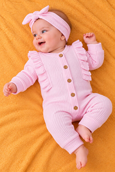 Rocha Baby Fırfır Detaylı Ahşap Düğmeli Fitilli Bebek Tulum ve Saç Bandı Takımı