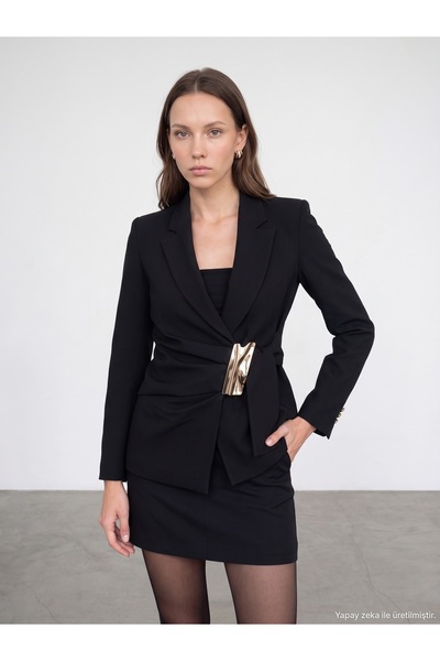 Dilvin 60824 Gold Accessory Detailed Double-Breasted Blazer