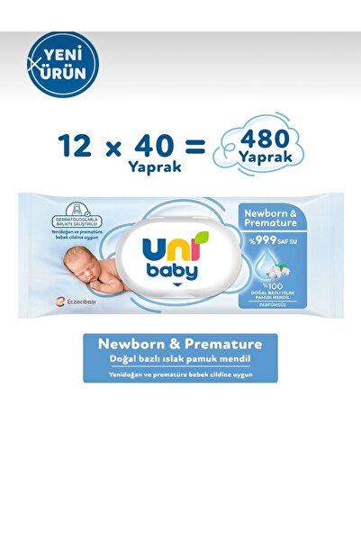 Uni Baby New Born Premature Yenidoğan Islak Pamuk Mendil 12x40 480 Yaprak