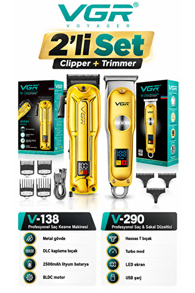 VGR Saç Sakal Tıraş Makinesi Seti Metal Clipper Trimmer Gold | V-138 & V-290