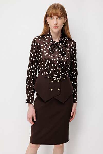 Moda İlgi Modailgi Kruvaze Puantiye Desen Bluz - 40222 Kahve