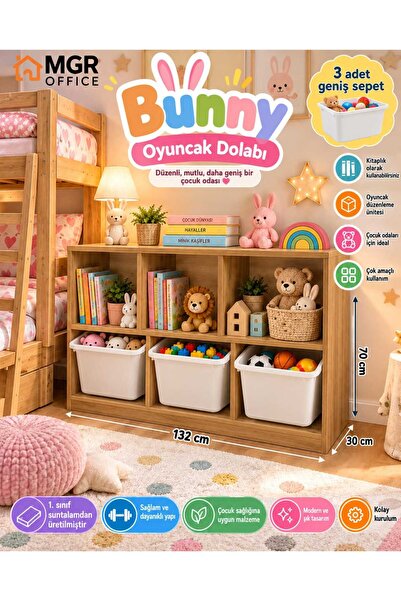 Mgr Office Bunny 3 Sepetli Oyuncak Dolabı Çocuk Odası Kitaplık Çok Amaçlı Oyu...