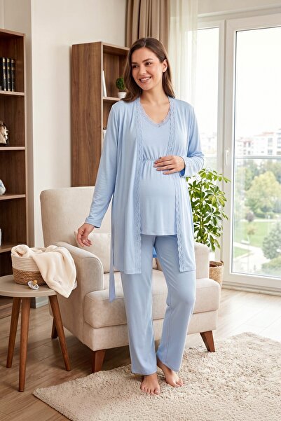 Miss Dünya Lissa Alora Lace Detailed Satin Belted Maternity and Postpartum Pa...