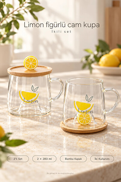 Tilbe Home 2li Bambu Kapaklı Limon Meyve Figürlü Cam Bardak Baskılı Meşrubat ...
