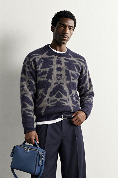 king brich Men's Oversize Skeleton Patterned Crew Neck Knit Sweater