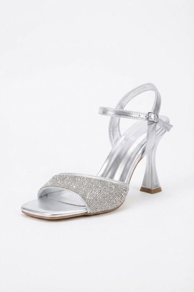 ForYou4 Women's Heeled Single Strap Stone Silver Shoes
