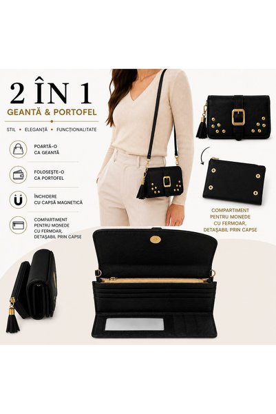 OEM Portofel/geanta damă 2 în 1 cu baretă detașabilă, negru