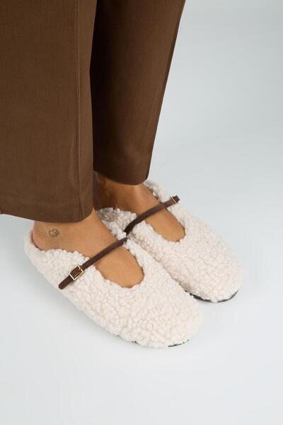 Manijero Rirta Women's Tedy Flat Elegant Buckle Beige Slippers
