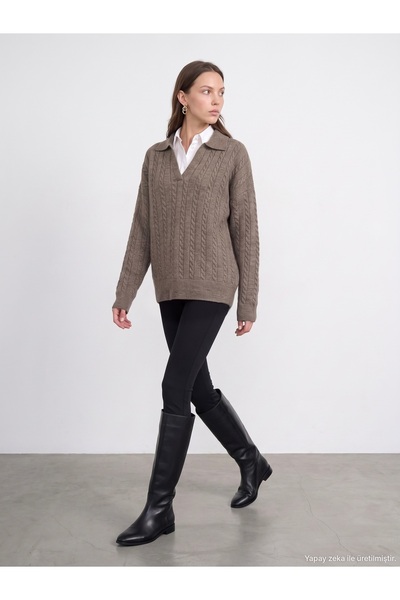 Dilvin 10885 Wool Blend Polo Collar Sweater