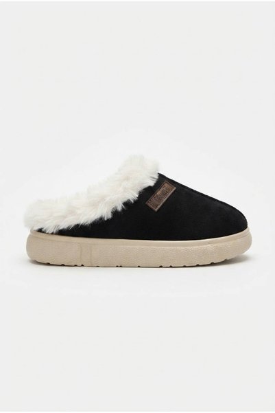 Budaks Women's Black Suede Fur Lined Thick Sole Winter Slippers 2810