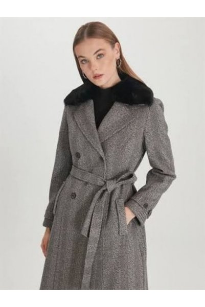 Zühre Women's Fur Detailed Double Breasted Collar Cashmere Mink Coat 13114