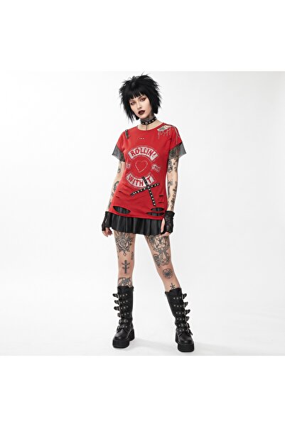 Kadın Kırmızı Rollin With Baskılı T-shirt Gothic Underground Streetwear