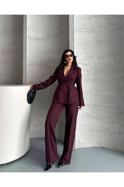 RAMSEYZ STYLE Blazer ceketli astarlı İp Bağlama Detaylı Pantolonlu Esnek pamuklu kumaş kadın TAKIM ELBİSE