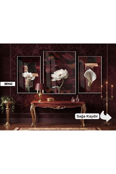 Harika bir ev Gotik Modern Bordo Çiçekli Set | ÇERÇEVELİ CAM TABLO 3LÜ DİKEY