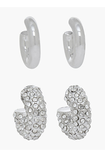 FAV Pack of 2 Silver Tone Hoop Earrings with Pushback Closure