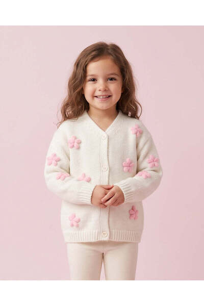 REDTAG Girls Ivory Floral Embroidered Cardigan