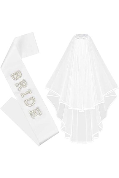HASTHIP Wedding Veil for Bride, White Bride Sash & Lace Veil Combo, Rhineston...