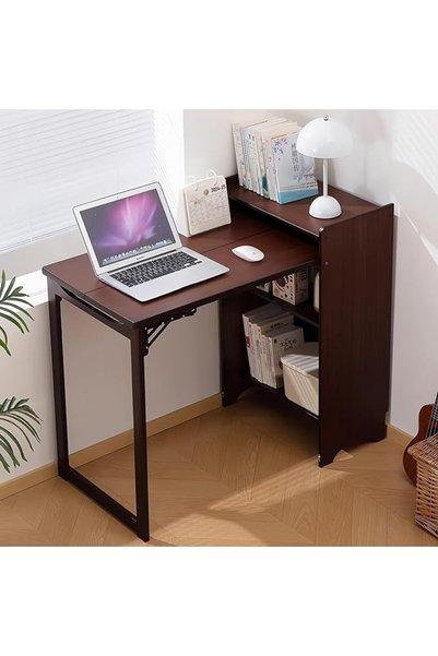 Sharpdo acc Folding Desk with Storage Shelves, Space-Saving Computer Desk for...