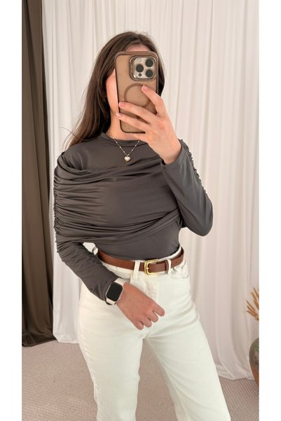 Hepsi Moda Degaje Collar Side Gathered Blouse - Cvx - Smoked