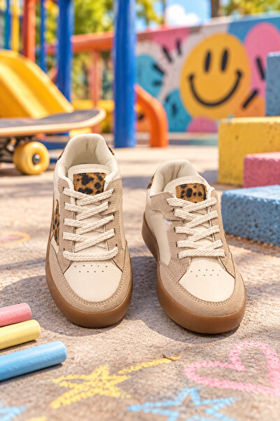 Tonny Black Unisex Bej Leopar Termo Taban Rahat Kalıp Bağcıklı Sneaker