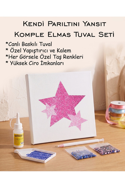 Toptan Elmas Mozaik Tuval Seti - Pembe Parlak Yıldızlar