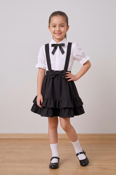 FATELLA Girl's Black Ribbon Short Sleeve Pearl Detailed Sleeve Ruffle Pocket ...