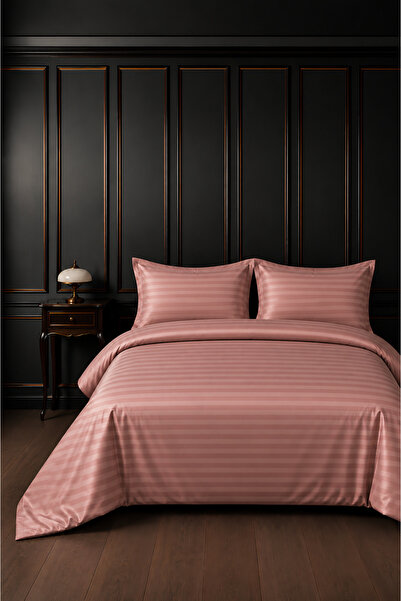 remtex 100% Cotton Satin Striped Powder Pink Double Duvet Cover Set (83 Thread-125 Gsm)