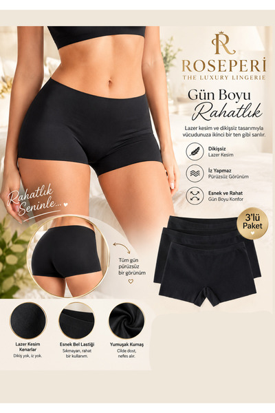 ROSEPERİ 3-Pack Women's Basic Boxer Panties, High Waist, Daily Wear, Non-Mark...