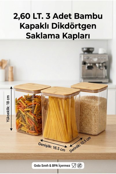 Nandy Home 3’lü 2,6 L Bambu Kapaklı Dikdörtgen Saklama Kabı Seti Erzak Düzenl...