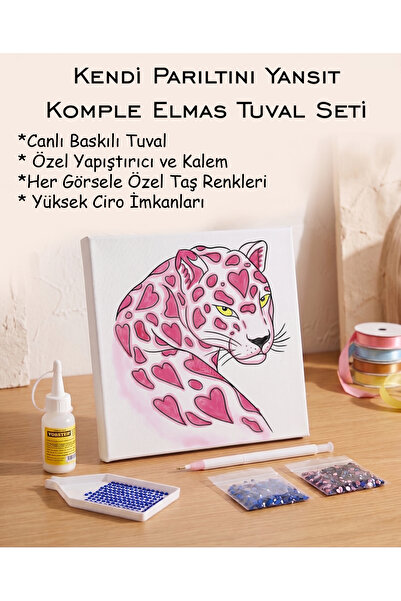 Toptan Elmas Mozaik Tuval Seti - Pembe Kalpli Leopar