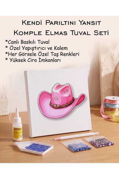 Rübiş Fotoğrafcılık Toptan Elmas Mozaik Tuval Seti - Pembe Kovboy Şapkası