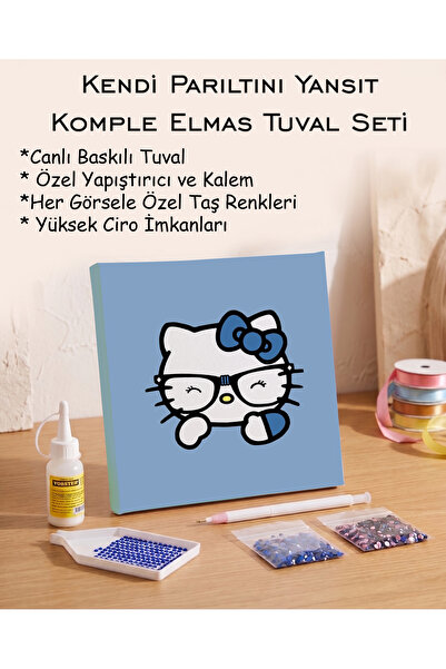 Toptan Elmas Mozaik Tuval Seti - Mavi Fonlu Gözlüklü Kedi