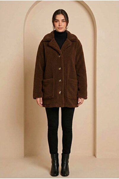 ILAVVES Women's Brown Oversize Buttoned Unlined Plush Inside-Out Wellsoft Coa...