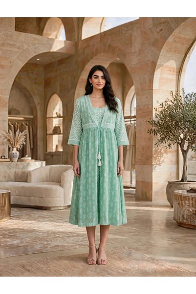 IKKXA Geometric Print Front-Tie Layered Midi Dress