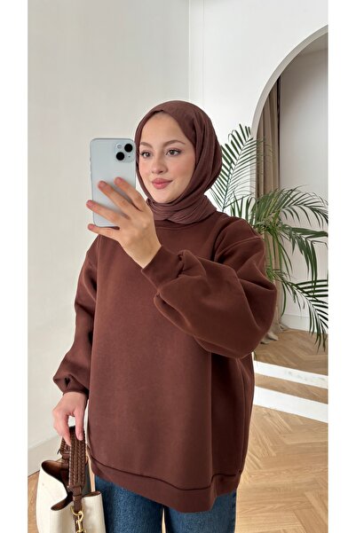 QUWİQ Kadın İçi Polarlı 3 İplik Organik Pamuk Oversize Basic Bisiklet Yaka Sw...