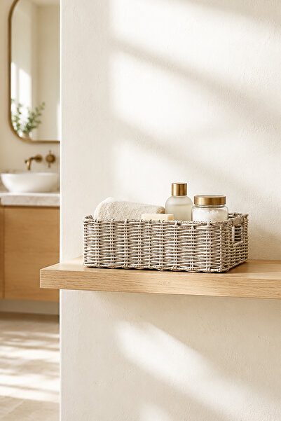 Ocean Home Textile Yıkanabilir Gri PP Rattan Dolap İçi Çamaşır Çocuk Odası Oyuncak Düzenleyici Saklama Sepeti Organizer 33x23x11