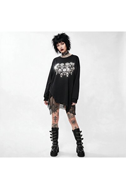 Kadın Oversize Siyah Skull Baskılı Sweatshirt Gothic Streetwear