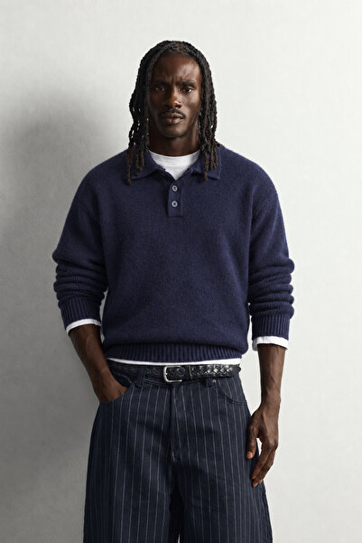 king brich Men's Polo Collar Buttoned Oversize Wool Blend Knitwear Sweater