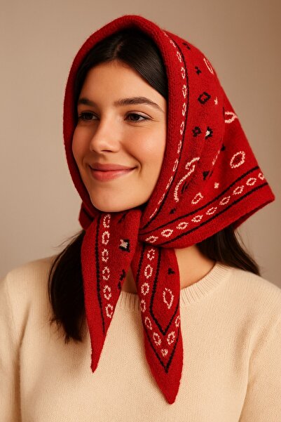 Axesoire S055 Kırmızı Şal Desenli Üçgen Şal 103x38 cm
