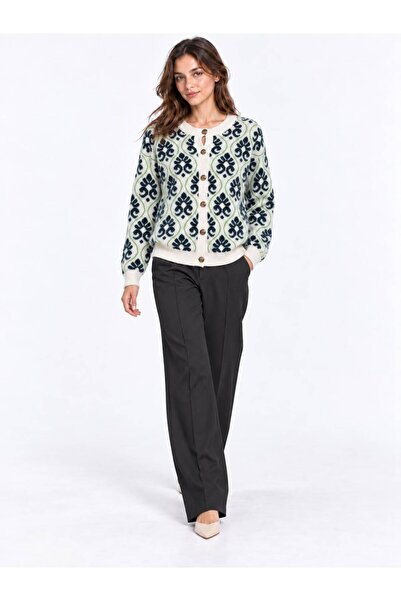Sfg Life Moda Women's Ethnic Patterned Gold Buttoned Crew Neck Knitwear Cardigan