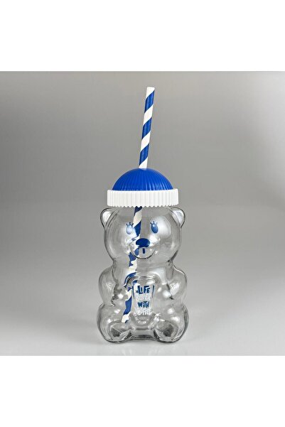Pause Art Home 500 Cc Glass Cup with Straw - with Blue Lid - 500 ml Glass wit...